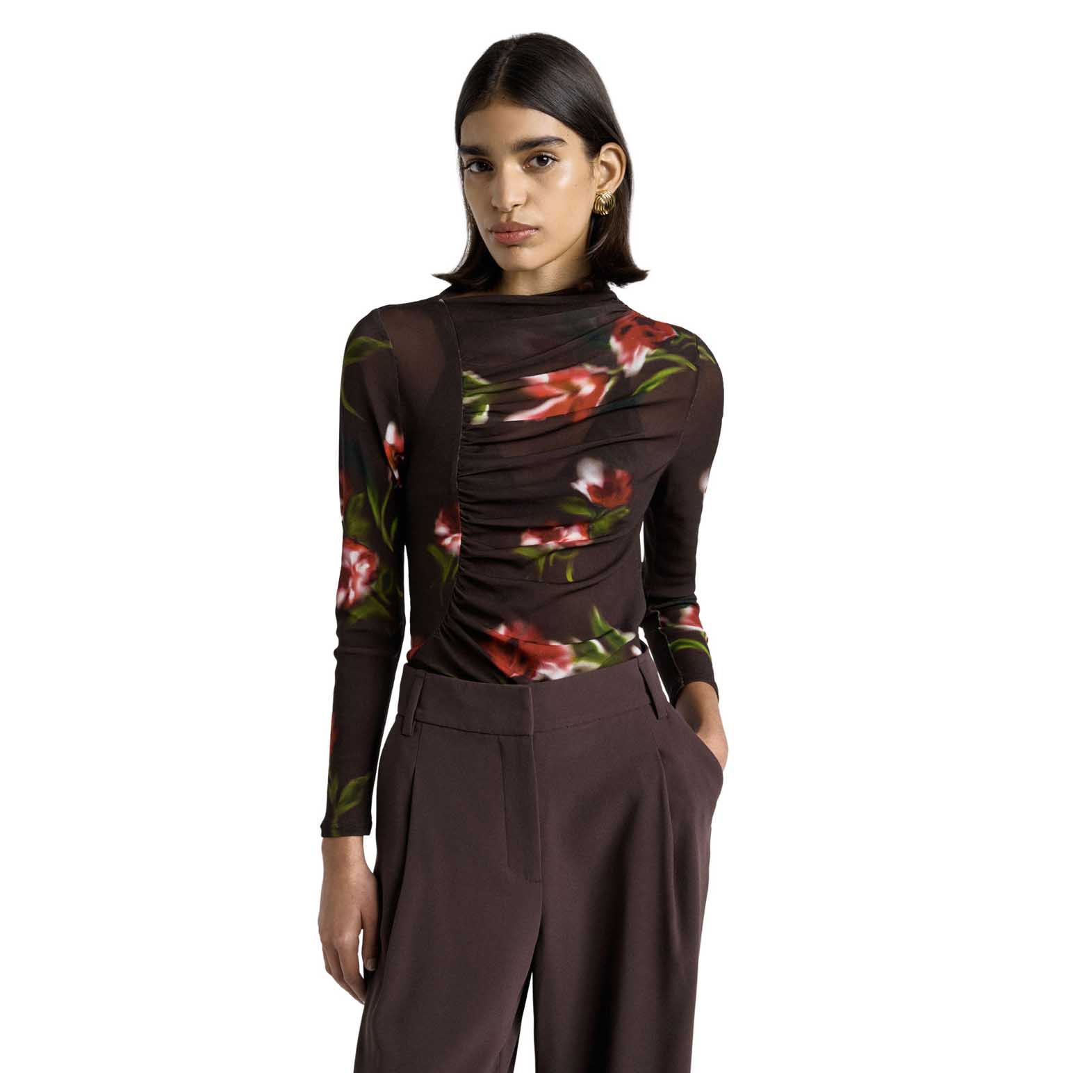 Cue Blurred Floral Ruched Mesh Long Sleeve Top